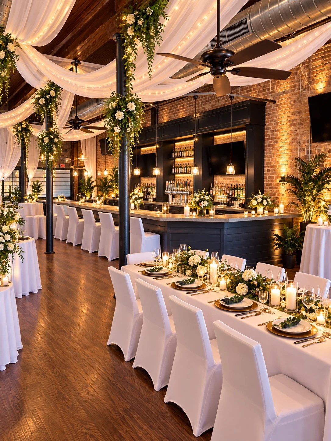 Uptown Hall’s bar with pendant lights, exposed brick, and elegant reception decor